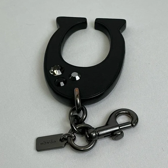 Coach Black Leather C Keychain with Rhinestone Gem Accents - Picture 5 of 9